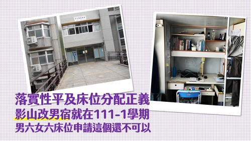 落實性平及床位分配正義|影山改男宿就在111-1學期,男六女六床位申請這個還不可以。圖片